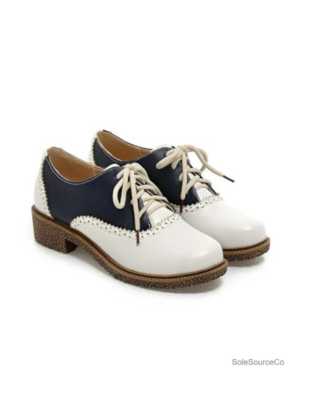 Saddle Oxford Shoes Wingtip Brogue Faux Leather Low Block Heel Lace-Up